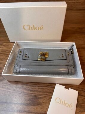 Auth Chloe Paddington Long Wallet Leather Gray Gold Padlock Key w/Box